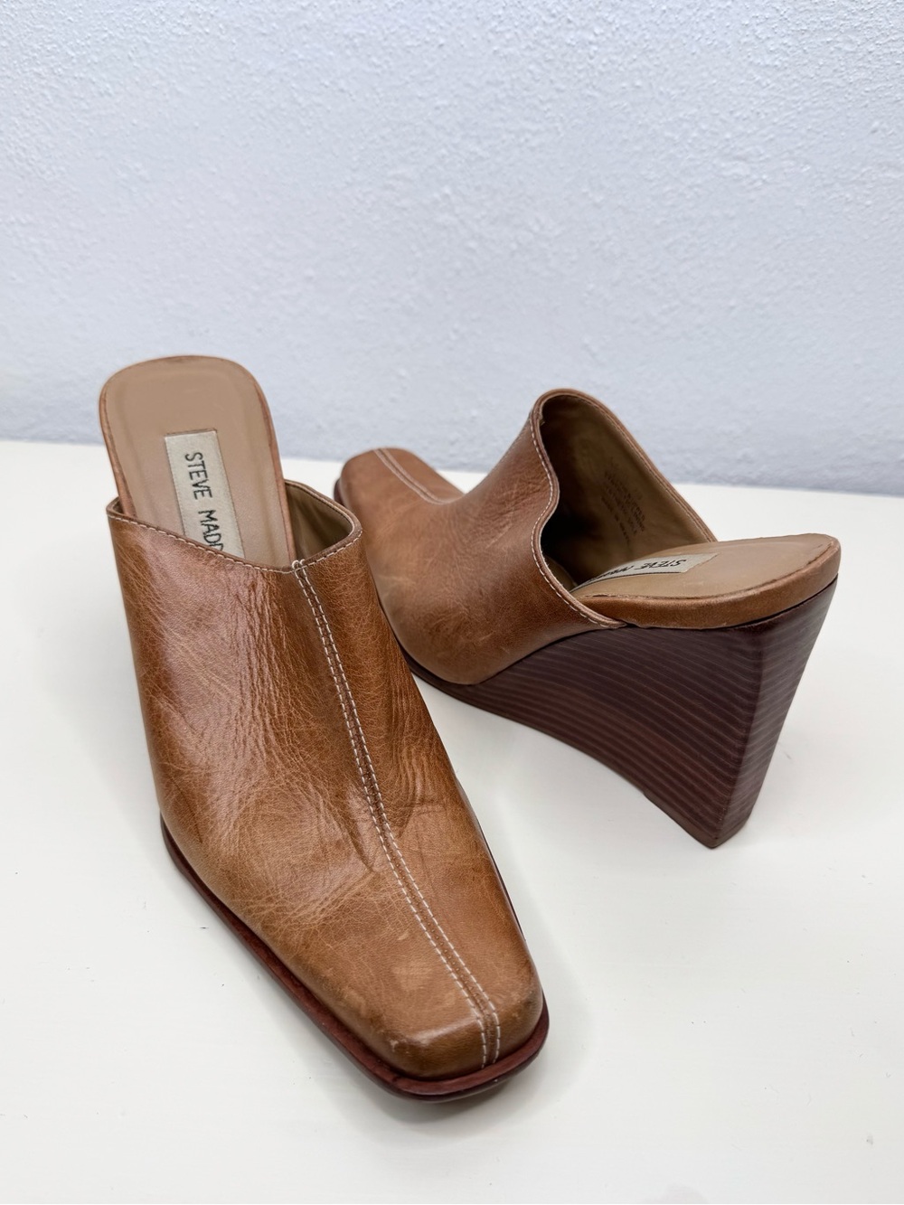 Steve Madden Womens Laso Wedge Mule Clogs Brown Square Toe Slip-On Heels 7